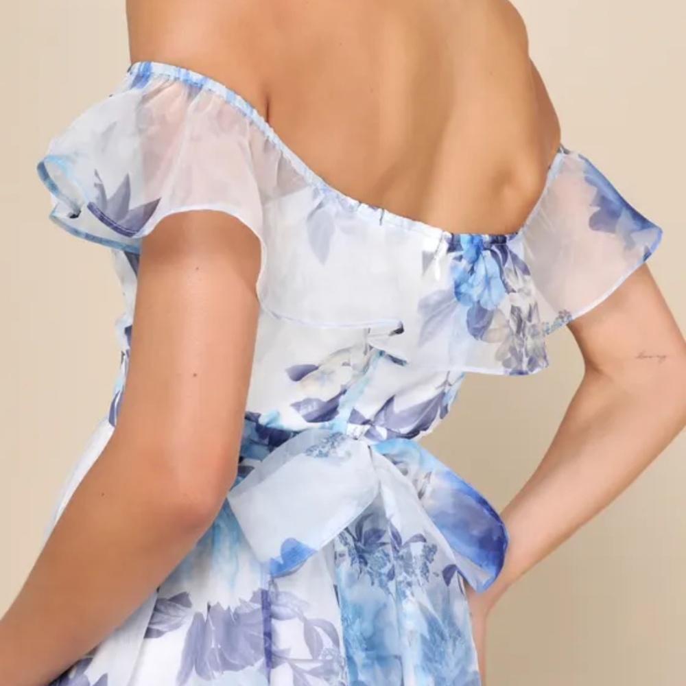 Lulus Sweet Composure White Floral Organza Off-the-shoulder Midi Dress Blue - Picture 4 of 5